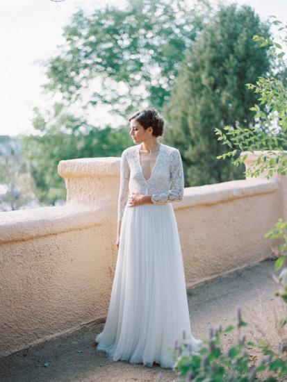 V-Neck Lace Long Sleeve Vintage Bridal Gown Latest Floor Length Custom Made Wedding Dress_2