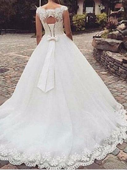 A-Line Wedding Dress Jewel Tulle Straps Bridal Gowns Sweep Train On Sale_2