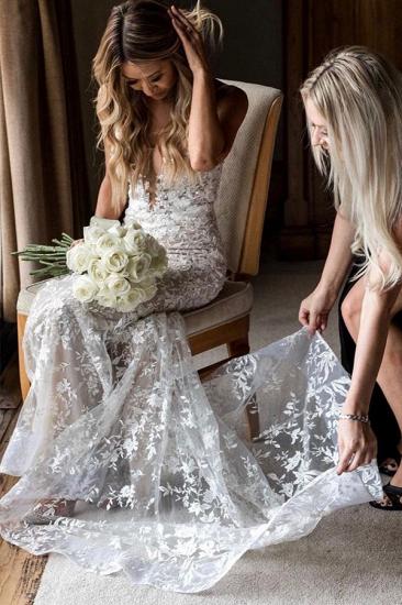 Elegant V-Neck Spaghetti Straps Mermaid Wedding Gown Floral Lace  Dress for Bride_5