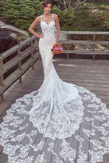 Mermaid white sweetheart lace wedding dress with long train_1