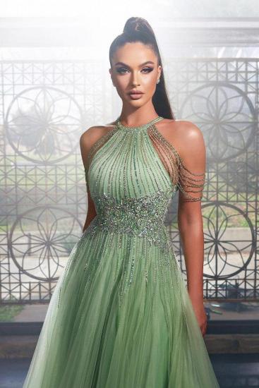 Halter sparkle green tulle keyhole floor lenth prom dress_2
