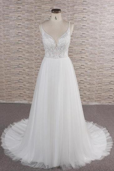 Glamouröse Spaghettiträger mit V-Ausschnitt, weißes Hochzeitskleid | A-Linie ärmellose Tüll-Spitze-Brautkleider