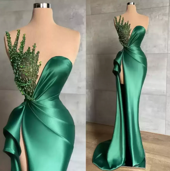 Illusionsgrünes Ballkleid aus glänzendem, langem Satin im Meerjungfrau-Stil_1