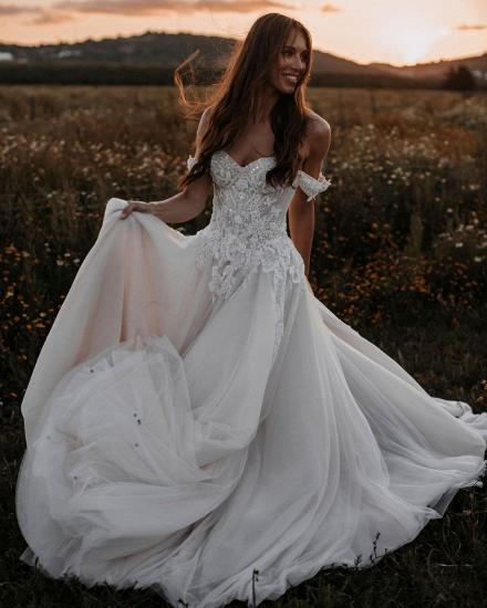 Off Shoulder Sweetheart Floral Lace Wedding Dress Tulle Sweetheart Bridal Dress_3