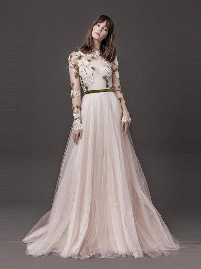 Lace Long Sleeve Floral A-line Wedding Dresses | Pleated Tulle Bridal Gowns Online