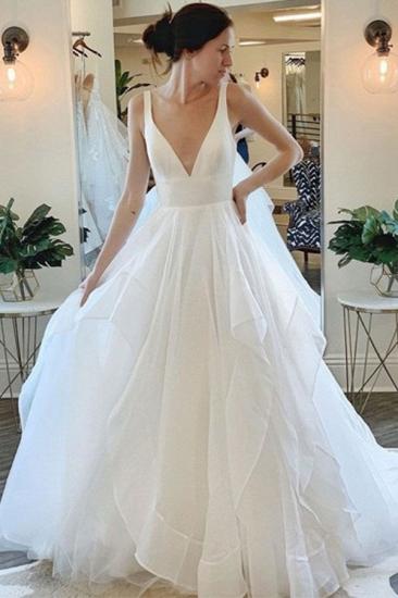 Sexy Deep V-neck Sleeveless White Tulle Wedding Dresses with Ruffles_3