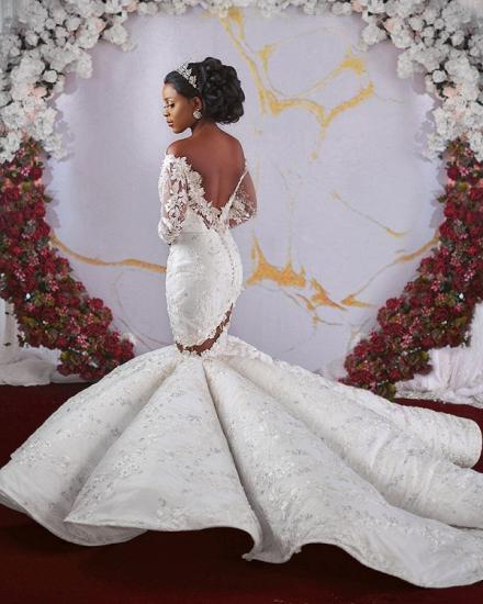 Luxurious Off-the-shoulder Long Sleeves Mermaid Ruffles Appliqued Beading Wedding Dresses_4