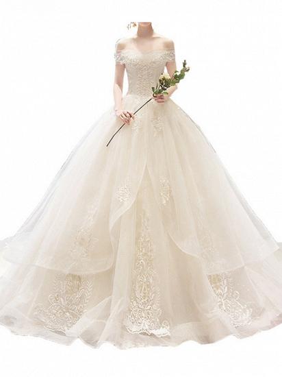 Casual Plus Size A-Line Wedding Dresses Off Shoulder Lace Sleeveless Bridal Gowns with Court Train_5