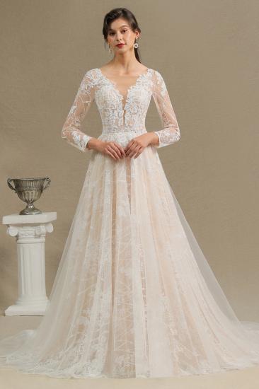 Elegant Lace Deep V-neck Wedding Dress Long Sleeve Floor Length Bridal Gowns_1