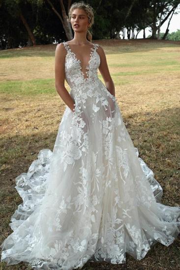 Charming V-Neck Flroal Sleeveless Aline Wedding Dress