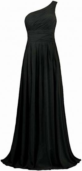 Langes Brautjungfernkleid aus plissiertem schwarzem Chiffon mit einer Schulter_2
