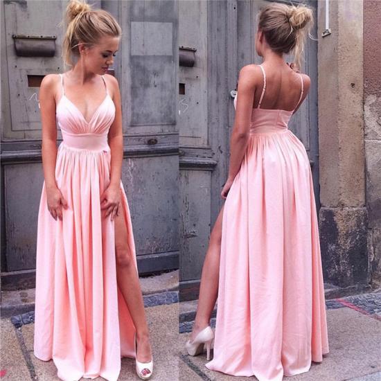 Spaghetti Straps Sexy Pink Formal Dresses Chiffon Open Back Side Slit V-neck Cheap Evening Dress 2022_3