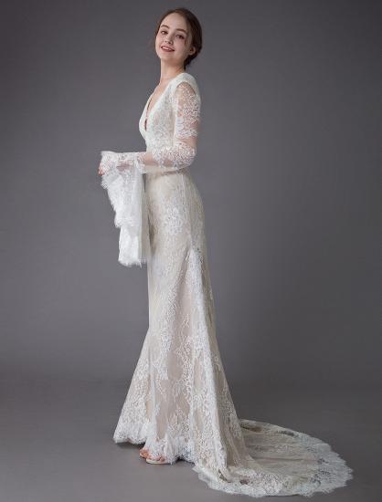 Vintage Deep V Neck Long Sleeves Lace A-Line Wedding Dresses_5