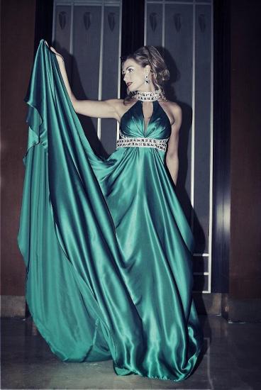 Green Halter Crystal High Collar Evening Dress Court Train Chiffon Plus Size Dresses for Women_1