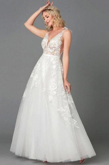 A-Line Wedding Dresses Plunging Neck Floor Length Lace Tulle Sleeveless See-Through_3
