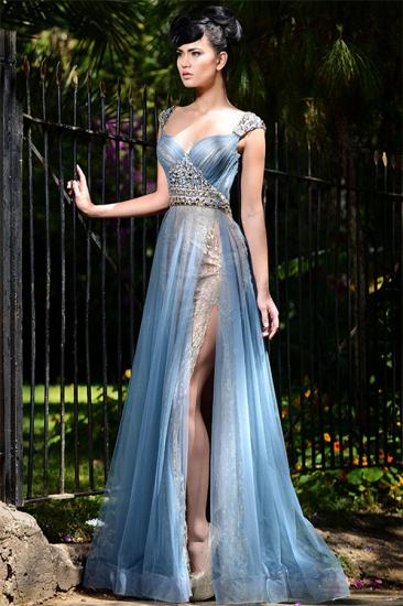 Stylish Long Blue Formal Evening Dresses Online | Tulle Crystal Sexy Slit Prom Dresses