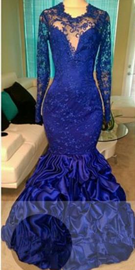Gorgeous 2022 Royal Blue Long Sleeve Lace Prom Dress Ruffles Mermaid Open Back Evening Gown
