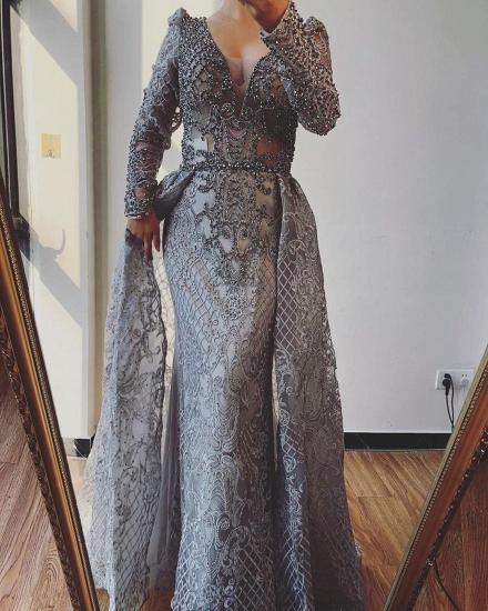 Glitter Long Sleeves Pearls Mermaid Evening Prom Gown wit Detachable Train_2
