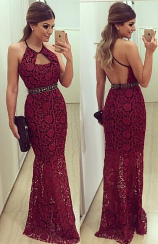 Halter Lace Backless 2022 Evening Gowns Latest Floor Length Party Dresses