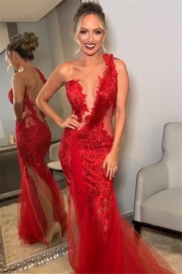 Burgundy One-Shoulder Lace Applique Backless Mermaid Tullle Prom Dresses