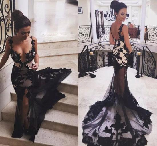 Sexy V-neck Black See-through Tulle Train Lace Mermaid Evening Dresses_2