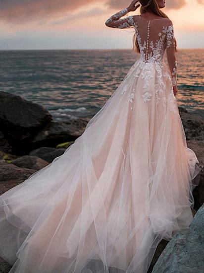 Beach A-Line Wedding Dress Jewel Lace Tulle Long Sleeves Sexy See-Through Bridal Gowns with Court Train_2