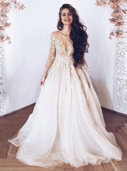 Glamouröses V-Ausschnitt Langarm Tüll Spitze Applikationen Prinzessin Hochzeit Brautkleid