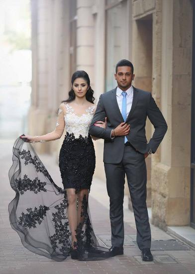 Wunderschönes schwarz-weißes Langarm-Abschlussballkleid aus Spitze mit Kristalltüll 2022 Abendkleider_3