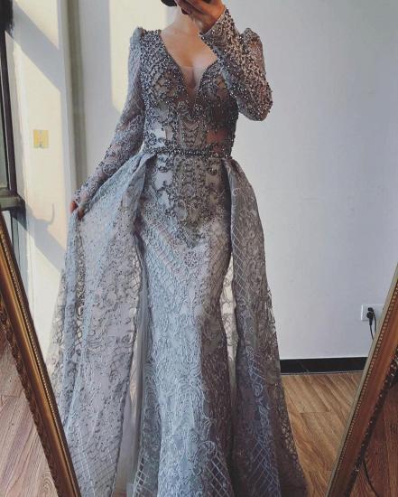Glitter Long Sleeves Pearls Mermaid Evening Prom Gown wit Detachable Train_3