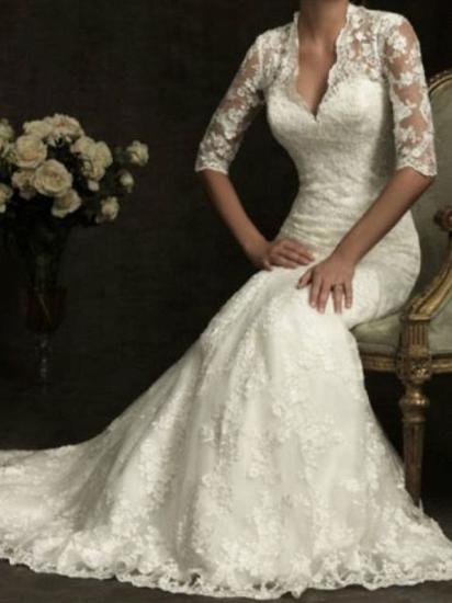 Etui-Hochzeitskleid V-Ausschnitt, Spitze, halbe Ärmel, Brautkleider mit Sweep-Zug