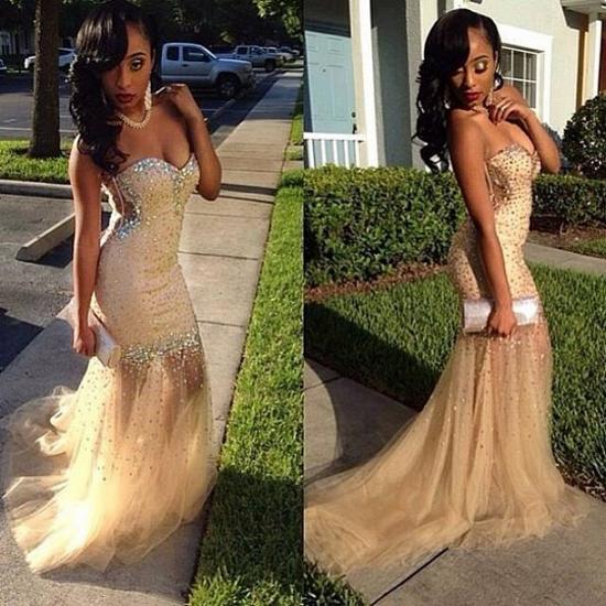 2022 Sweetheart Champagne Prom Dresses Sequins Beads Strapless Tulle Evening Gowns_3