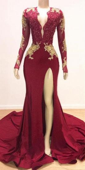 Deep V-neck Long Sleeves Lace Appliques Split Mermaid Evening Gowns_3