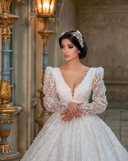 Glamorous V-Neck Long Sleeves A-line Princess Bridal Dress with Sweep Train_3