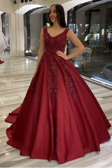 Stylish Burgundy Crew Neck Lace Aline Quinceanera Dress Evening Gown_1