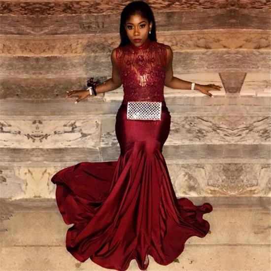 Mermaid Burgundy Lace Appliques Prom Dresses | High Neck Sexy Sleeveless Evening Gown Online_3