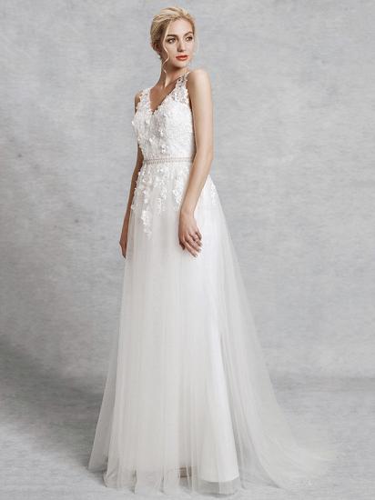 Romantic A-Line Wedding Dress V-Neck Lace Satin Tulle Straps Backless Bridal Gowns Illusion Detail with Court Train_3