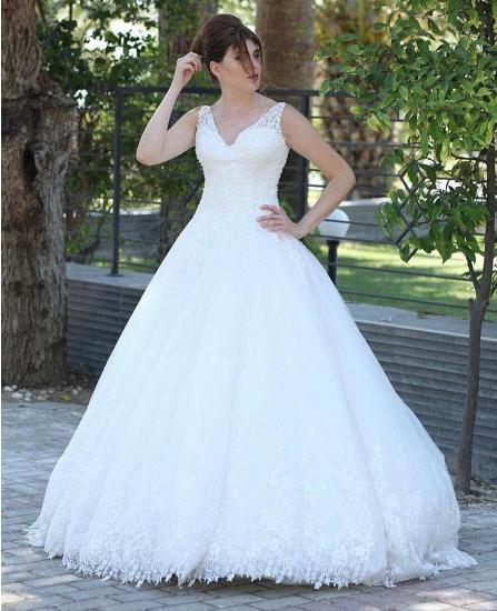 Fantastic Sleeveless V-Neck White Lace Aline Bridal Gown_2