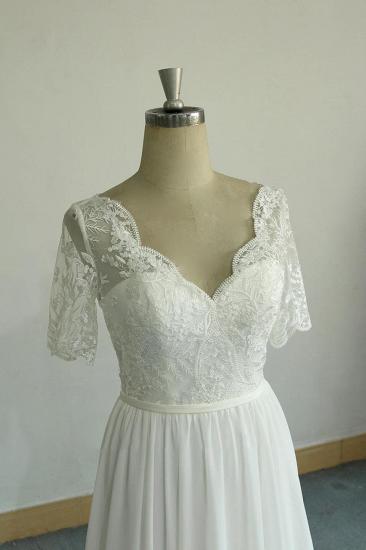 Erschwingliches Halbarm-Chiffon-Hochzeitskleid mit V-Ausschnitt | Weiße Brautkleider in A-Linie mit Rüschen_5
