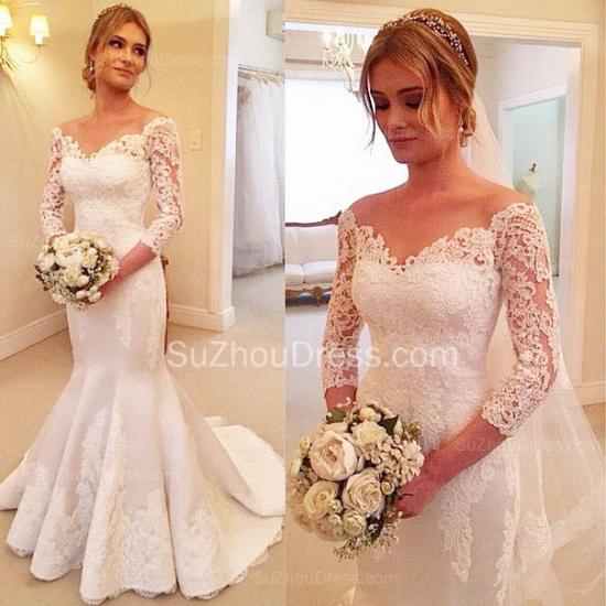 Sexy Mermaid V-Neck 3/4 Long Sleeve Wedding Dress White Lace Plus Size Bridal Gowns_2