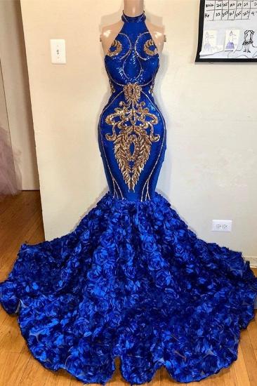 2022 Halter Gold Appliques Royal Blue Mermaid Floral Prom Dress | Sleeveless Luxury Prom Dress on Mannequins
