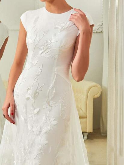 Simple A-Line Wedding Dress Jewel Lace Organza Satin Cap Sleeves Bridal Gowns with Sweep Train_3