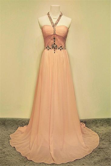 A-line Halter Chiffon Crystal Prom Dress Elegant Sweep Train Zipper Fashional Evening Dresses_1