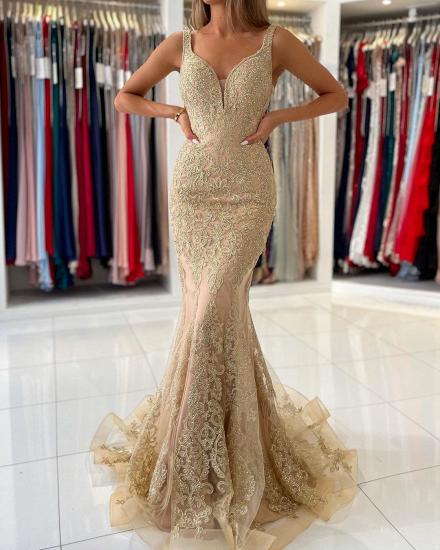 Sexy Deep V-Neck Mermaid Prom Dress with Floral Lace Appliques_4