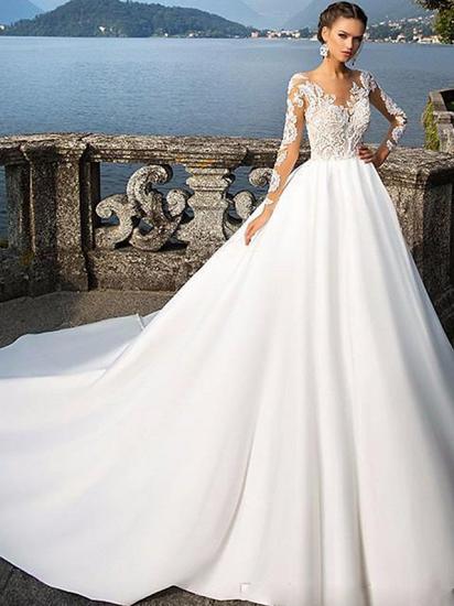 Sexy A-Line Wedding Dress Jewel Satin Long Sleeve Bridal Gowns Wedding Dress in Color with Court Train