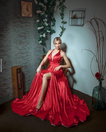 Neckholder Satin Red V-Ausschnitt Langes Abendkleid mit Seitenschlitz_3