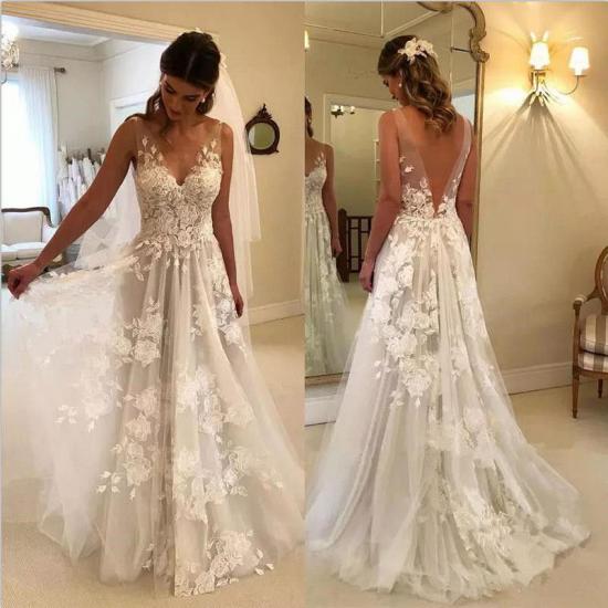 Elegante Brautkleider mit Spitze | Hochzeitskleider Lang V Ausschnitt_4