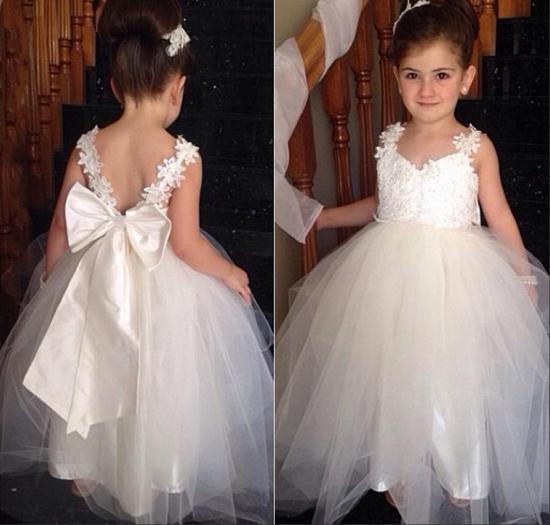 Cute Tulle Lace Applique 2022 Flower Girl Dresses Backless Long Bowknot Children Gowns_2