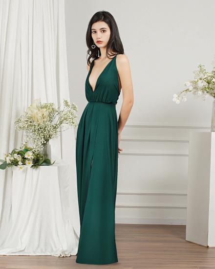 Dark Green V-Neck Side Slit Floor Length Prom Dresses | Evening dresses long V neckline_9