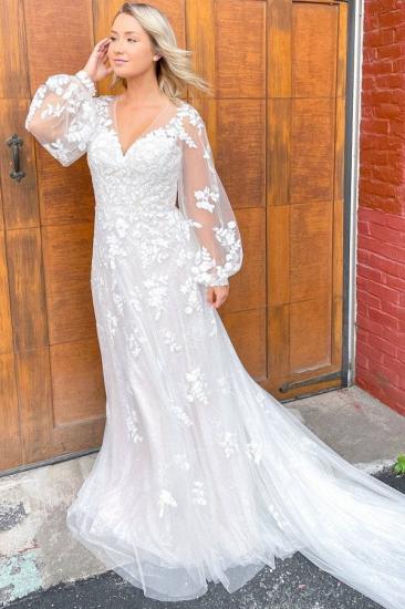 V-neck Tulle long sleeve Lace Wedding Dress_1
