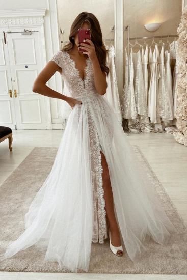 Unique Cap sleeves White High split A-line Boho Wedding Dresses